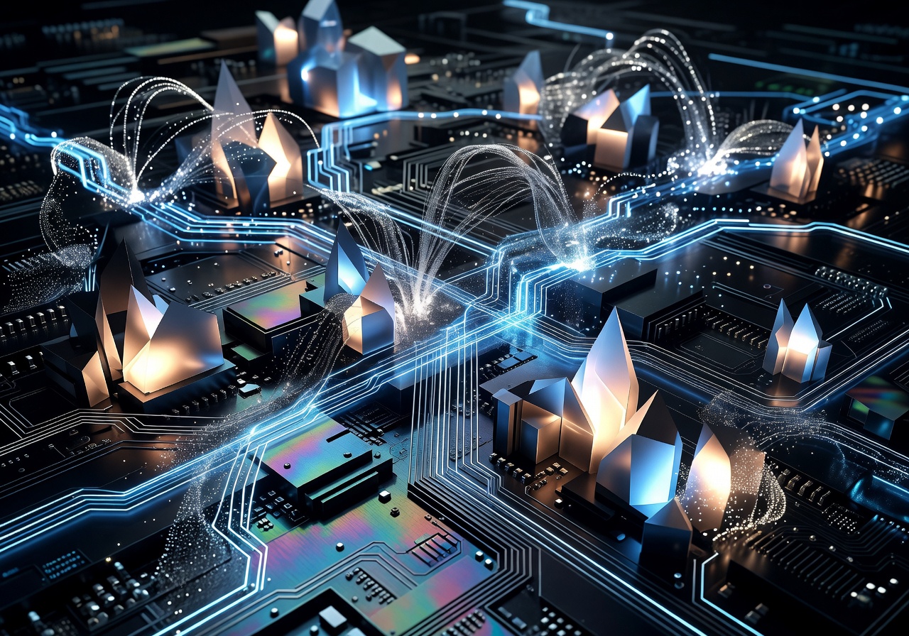 Abstract futuristic tech circuit board showing cyber mining concepts